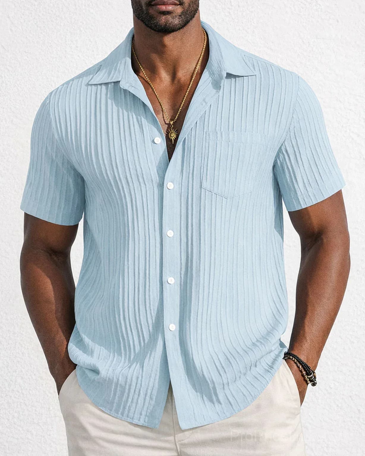 Men's Striped Jacquard Textured Short Sleeve Summer Beach Shirt - View 19