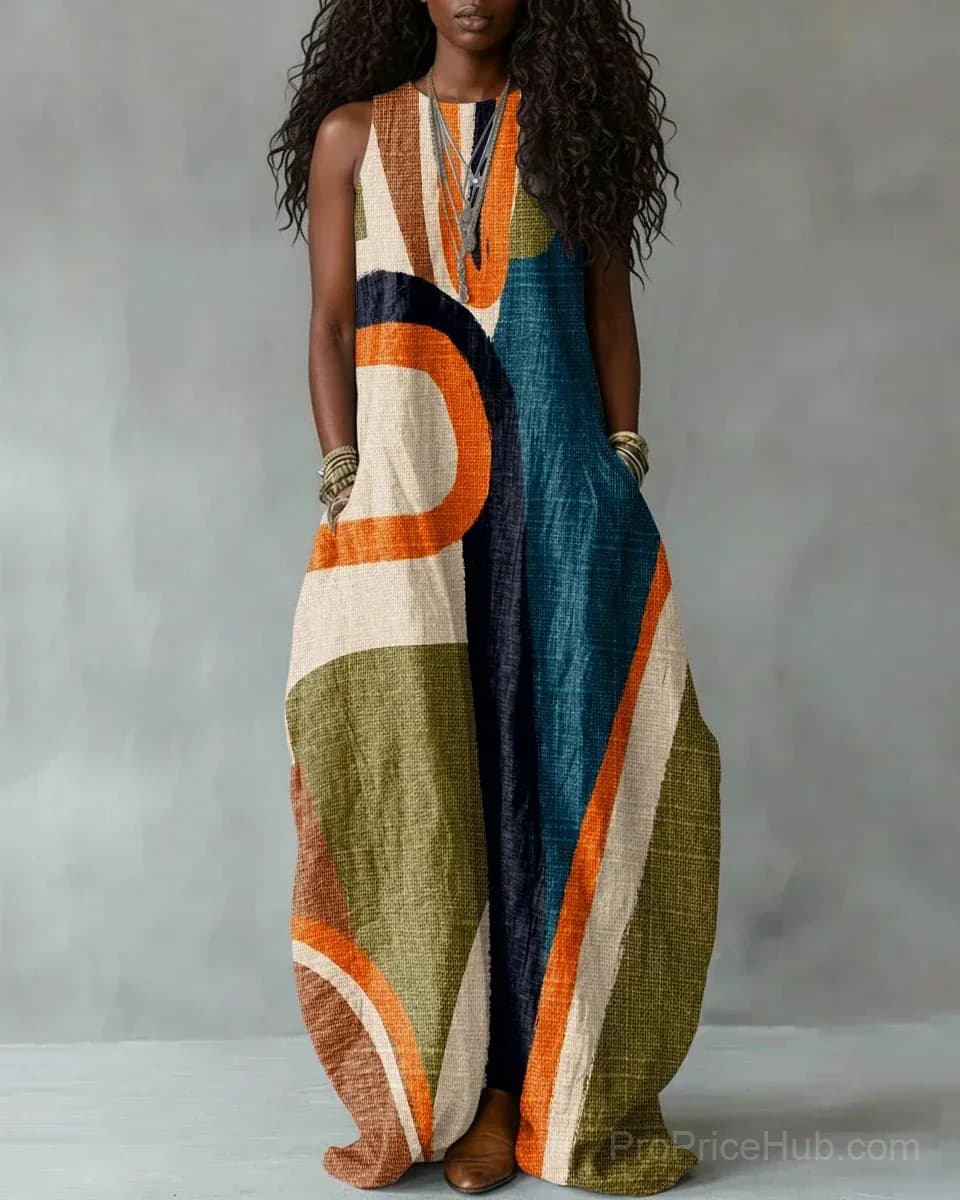 Retro Striped Print Sleeveless Round Neck Maxi Dress - Main