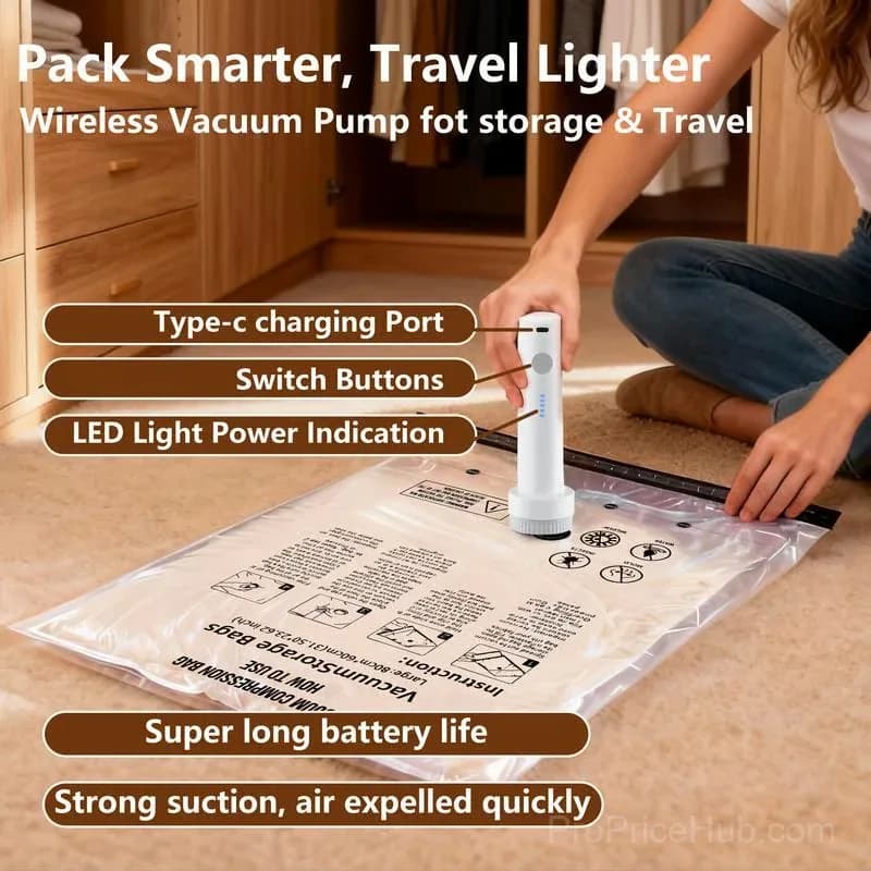Cordless Travel Vacuum Storage Bag Set with Rechargeable Pump, 6-Pc - Alt