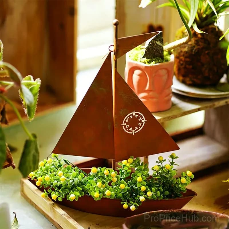 Rustic Sailboat Metal Planter, Brown Weather-Resistant Garden Decor - View 6