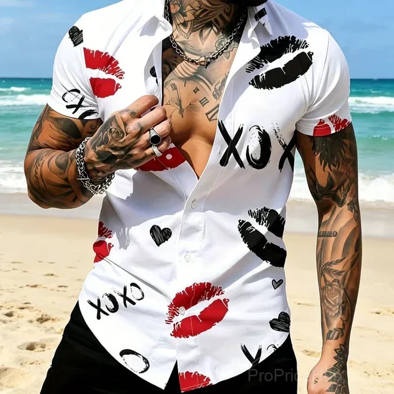 Men's Kiss Print Short-Sleeve Button-Up Shirt, Small - Alt