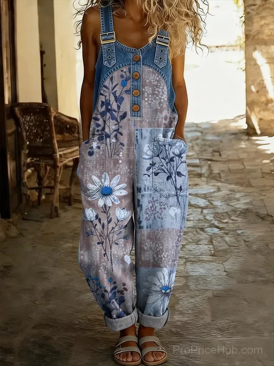Women's Casual Washed Cotton Denim Patchwork Jumpsuit - Alt