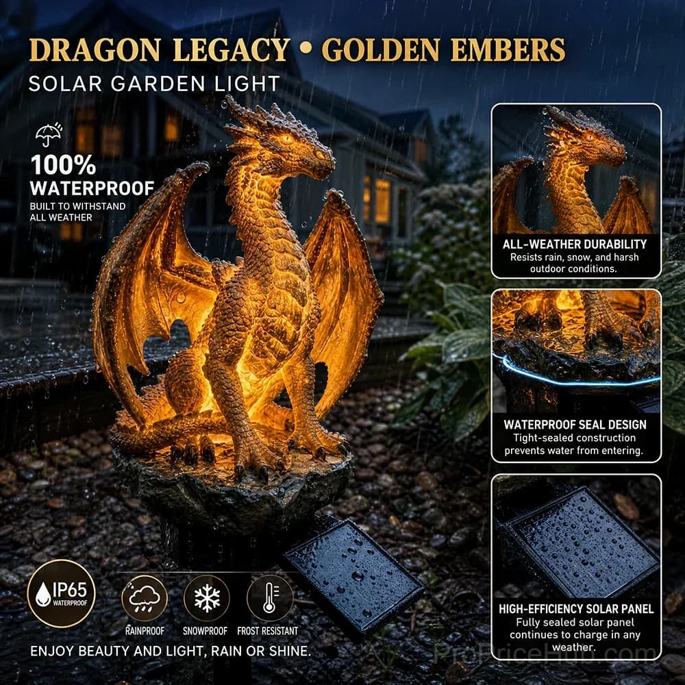 Gothic Dragon Golden Fire Solar Landscape Light - Alt