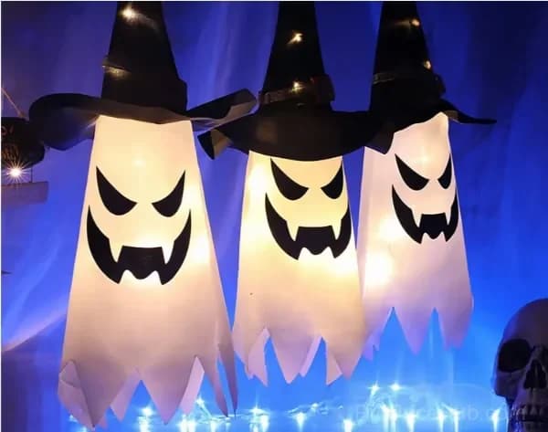 Glowing Ghost Witch Hat Halloween Hanging Light Decor, Warm Light - Main