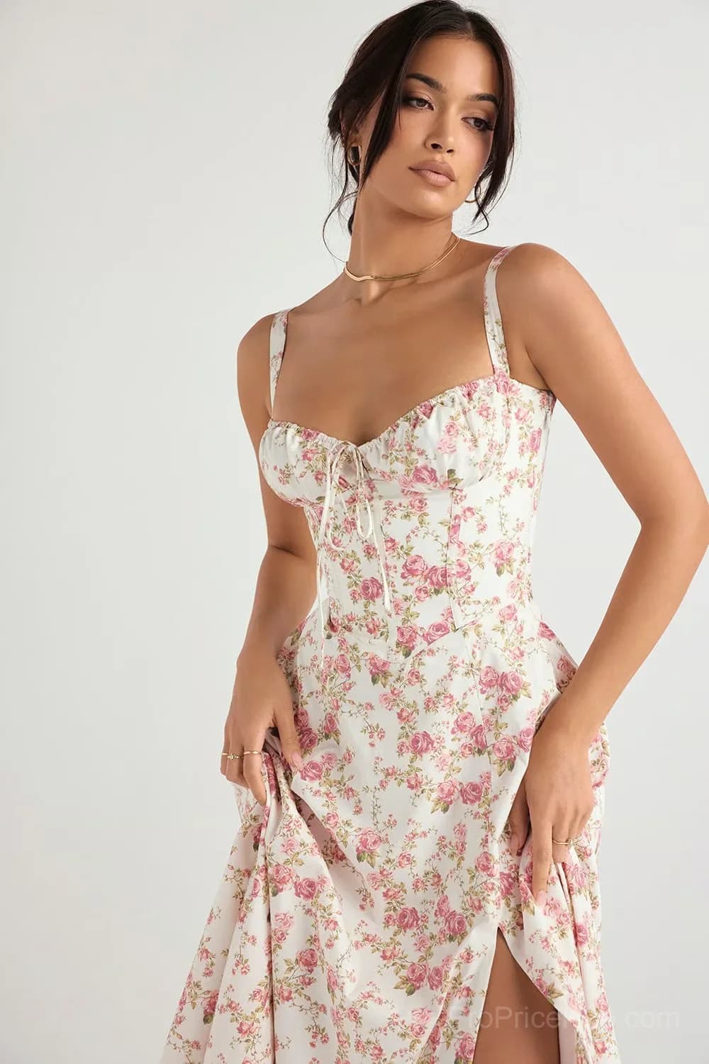 Red Floral Print Bustier Sundress, Size S - Main