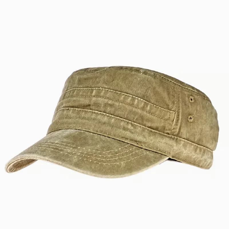 Khaki Distressed Flat-Top Duckbill Cap, Breathable Hat - Main