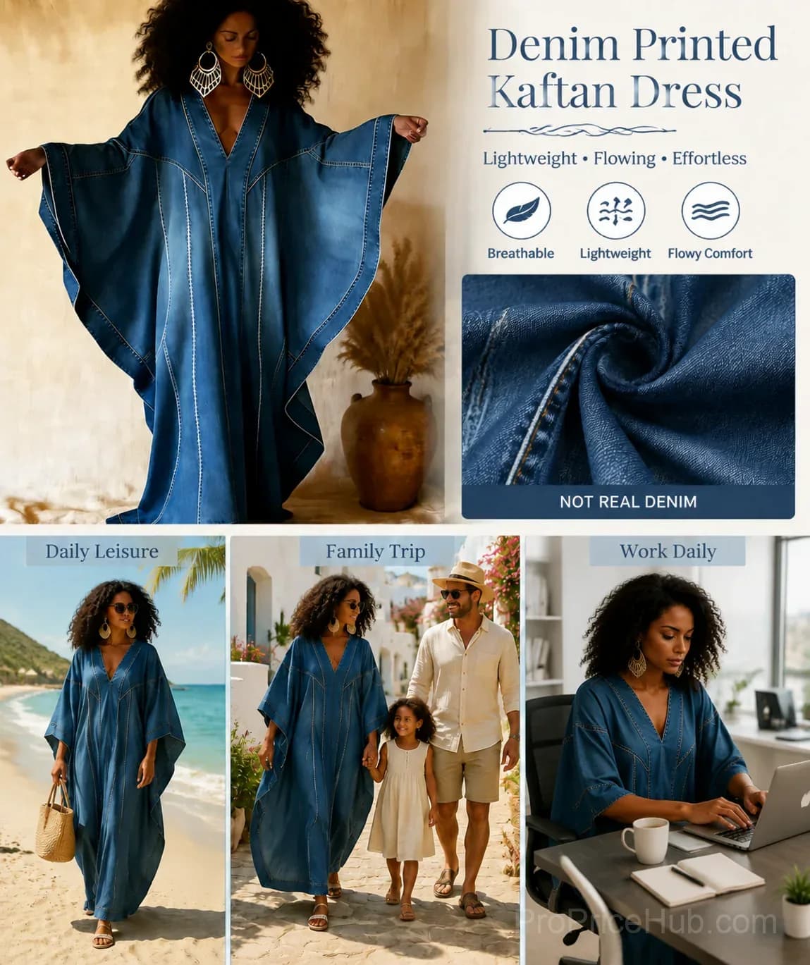 Washed Denim Texture Print V-Neck Long Kaftan Dress - View 9