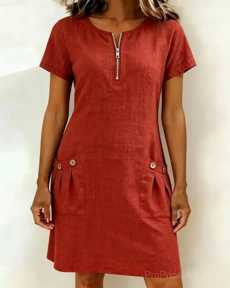 Cotton Linen Dress with Zipper Pocket, Red, US 4 (S) - Main