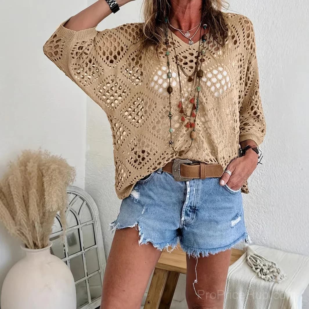 Women's Bohemian V-Neck Crochet Top, Khaki, Size S - Alt
