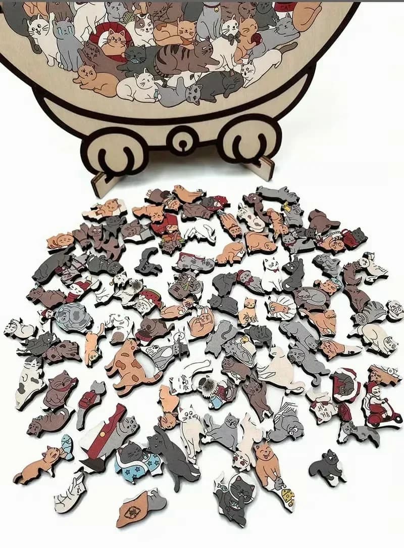 135-Piece Cat-Shaped Wooden Puzzle, Morandi Colors - View 6