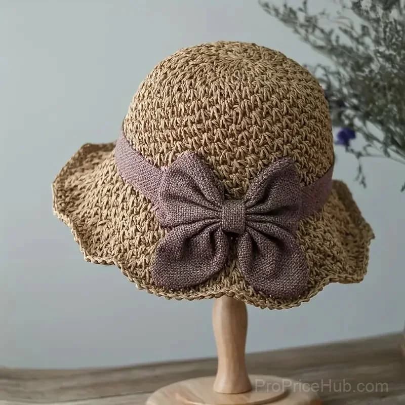Straw Hat with Retro Bow - Foldable & Breathable Summer Hat - Main