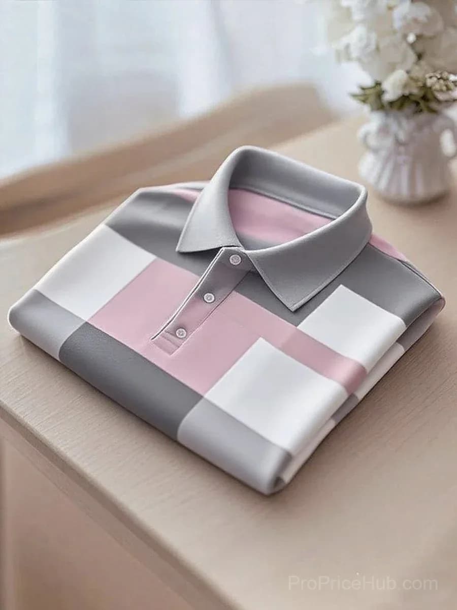 Men's Business Casual Short Sleeve Polo Shirt - Grey & Pink - Main