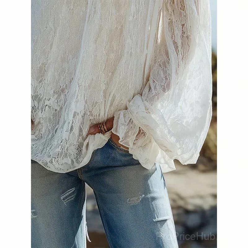 Women's Bohemian Off-Shoulder Sheer Lace Top, Size S - View 9