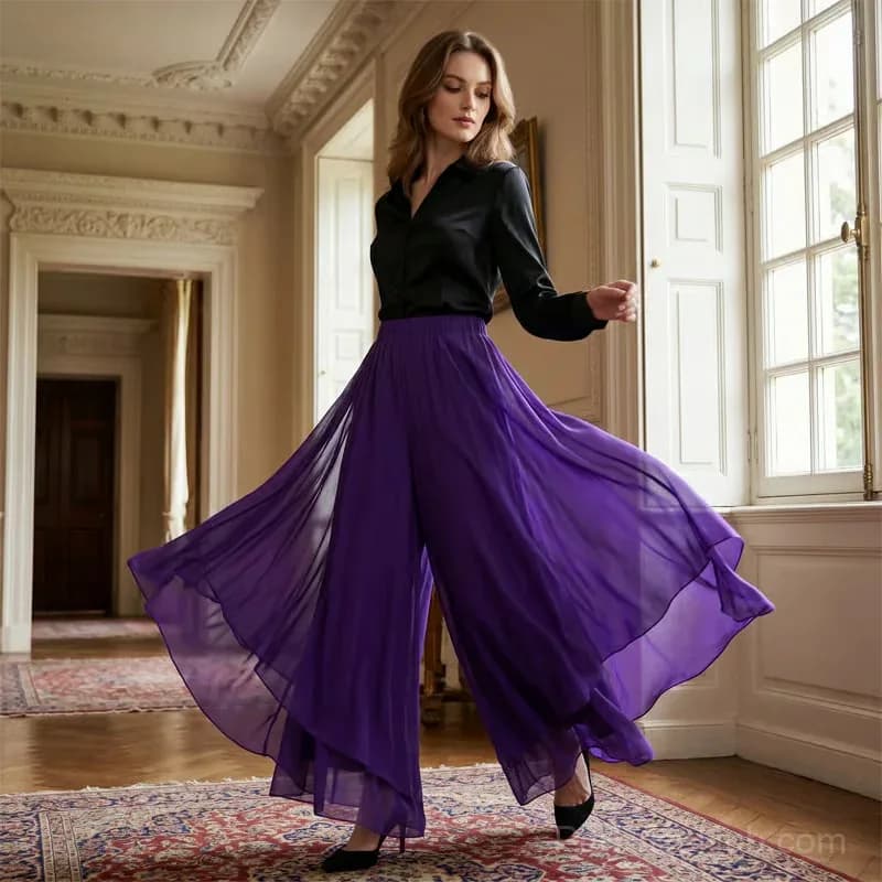 Women's Asymmetrical Chiffon Wide-Leg Pants, Purple, S - View 2
