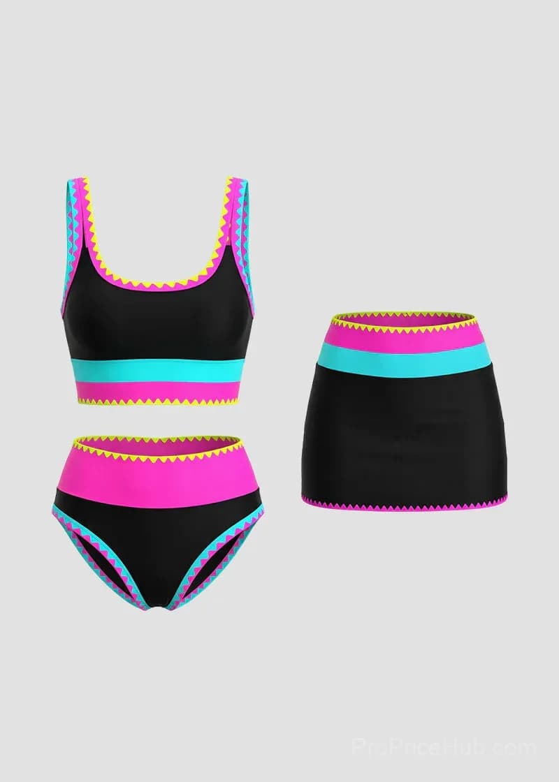Color Contrast Patchwork Nylon 3-Piece Bikini Set - View 20