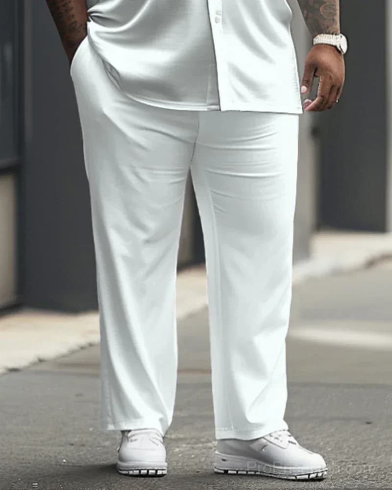 White Big Men's Short Sleeve Shirt & Trousers Set - View 6