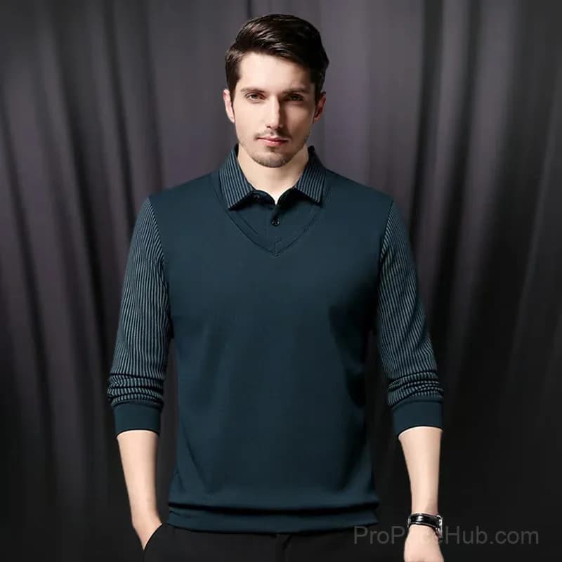 Men's Lapel Faux Two-Piece Knitted Shirt, Khaki, M - Alt