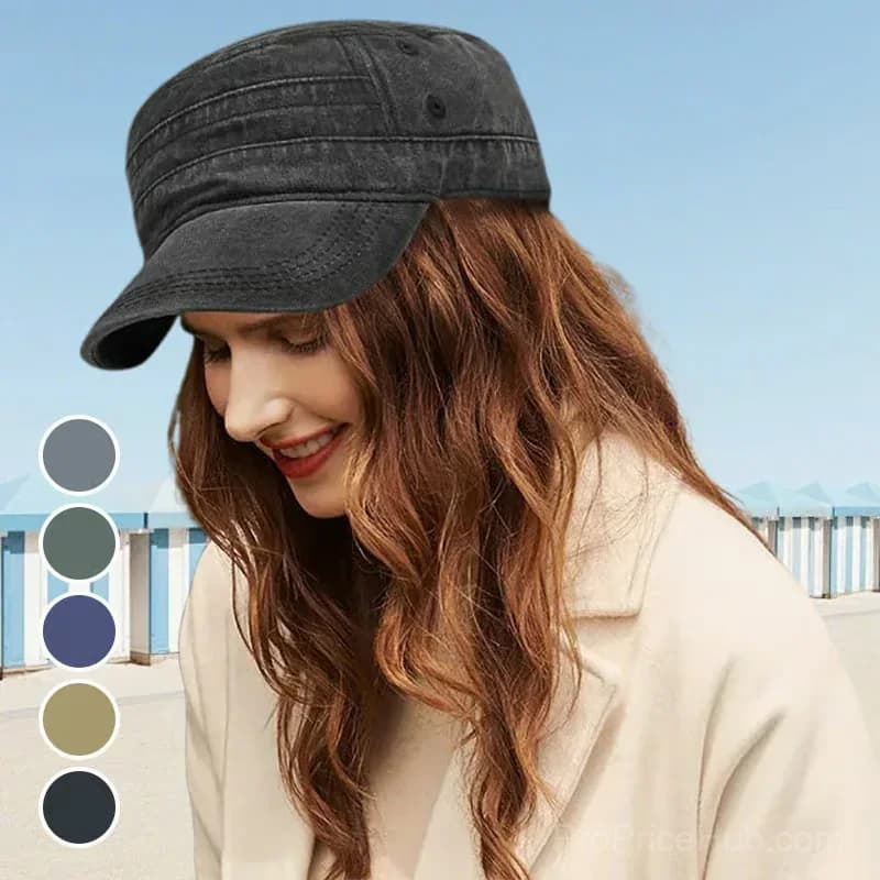 Khaki Distressed Flat-Top Duckbill Cap, Breathable Hat - View 2