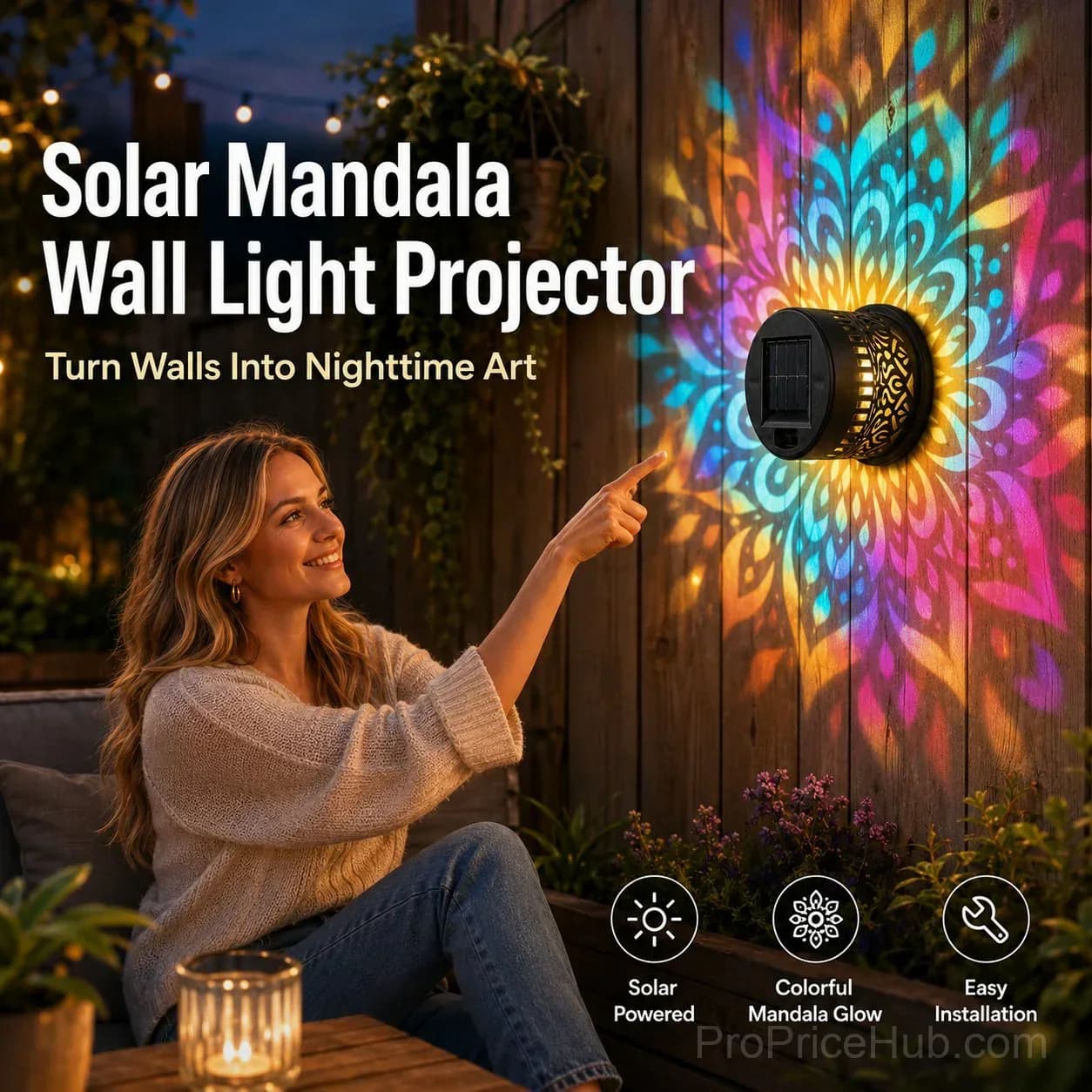 Solar Mandala Wall Light for Outdoor Garden Fence Projector - Alt