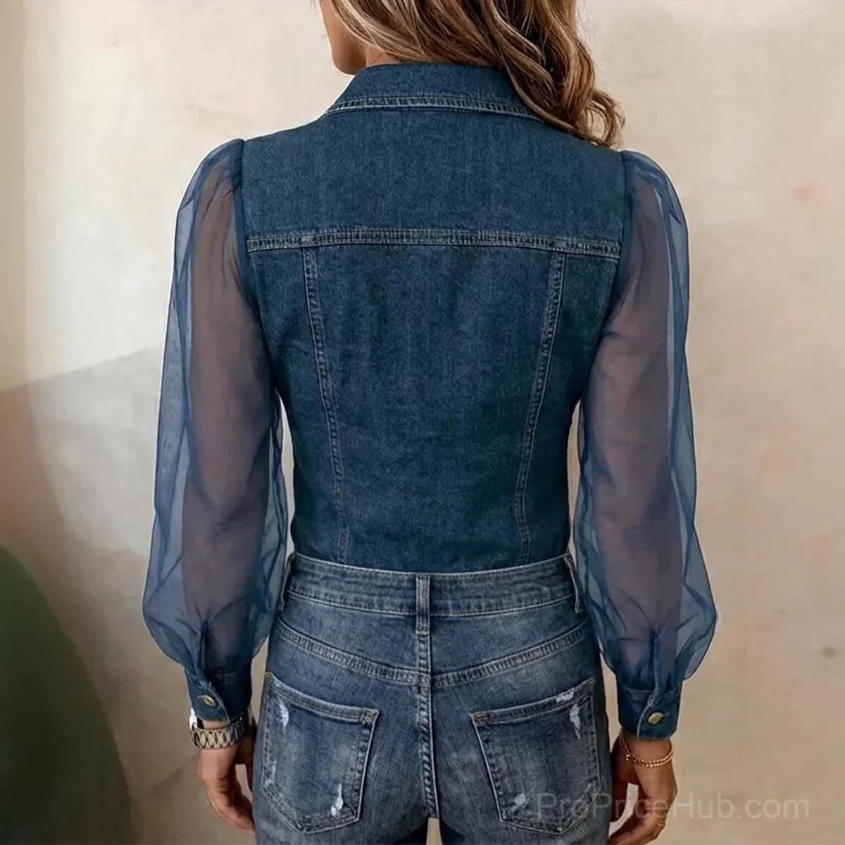 Women's Casual Denim Patchwork Chiffon Long Sleeve Blouse - Alt