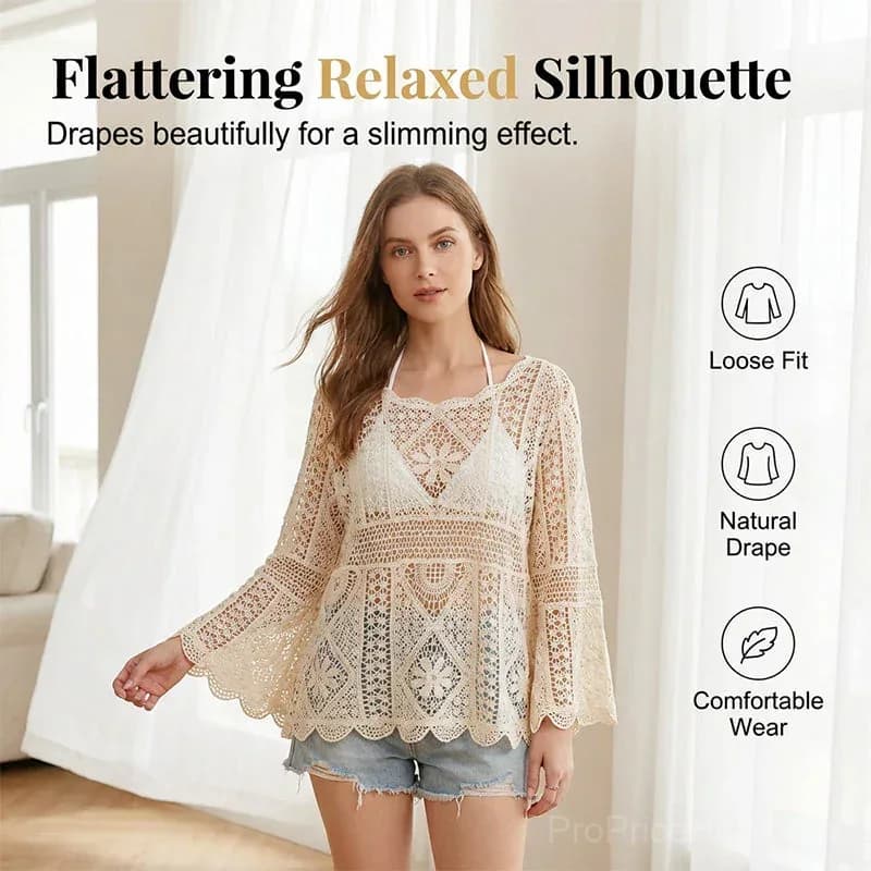 Women's Vintage Lace Cover-Up Blouse – Flare Sleeves Bohemian Beachwear - Alt
