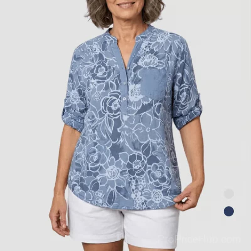 Blue Printed Round Neck Button-Down Blouse, US 4/S - Main