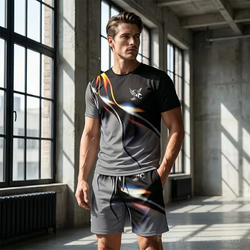 Men's Abstract Print T-Shirt & Shorts Set, Gray, Small - View 4