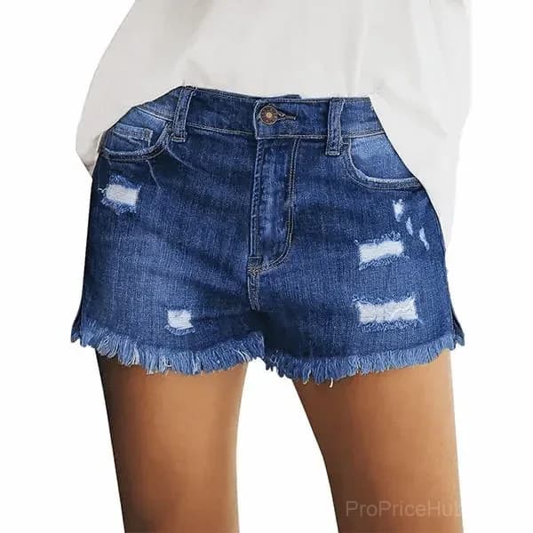 Women's Mid Rise Stretch Denim Shorts, Ripped Raw Hem - Main