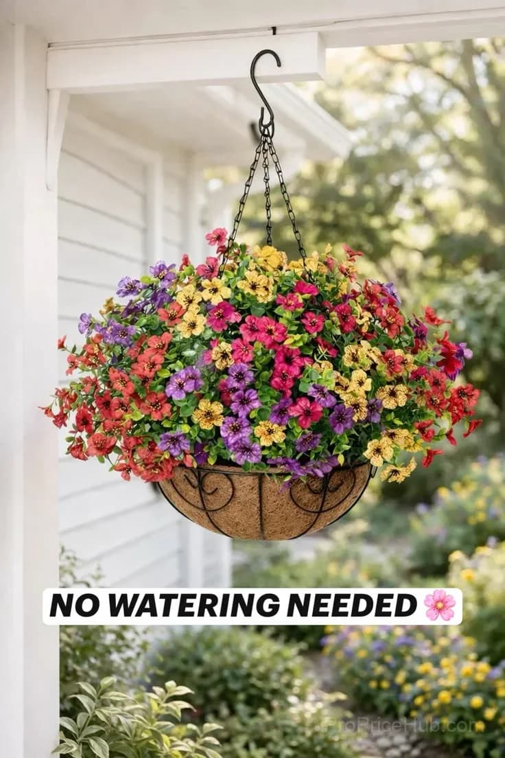 Artificial Daisy Hanging Basket - Low Maintenance Outdoor Silk Flower Planter for Patio & Garden - Alt