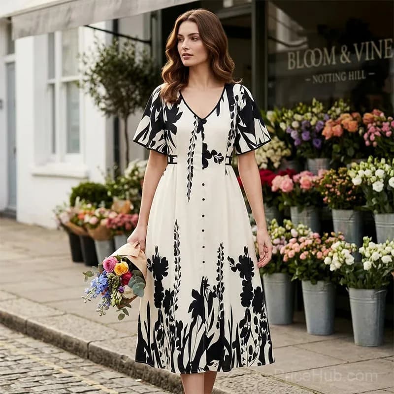 Elegant V-Neck Botanical Print Midi Dress, Beige, XL - Alt