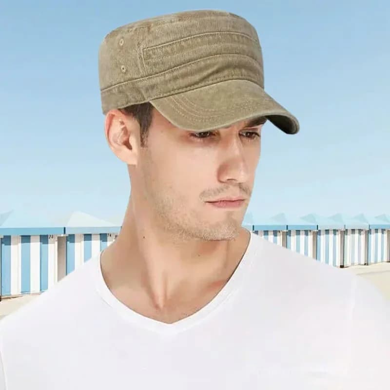 Khaki Distressed Flat-Top Duckbill Cap, Breathable Hat - View 5