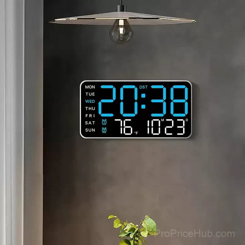Decorative LED Digital Wall Clock, Green Light, White Shell, No Hook - Alt