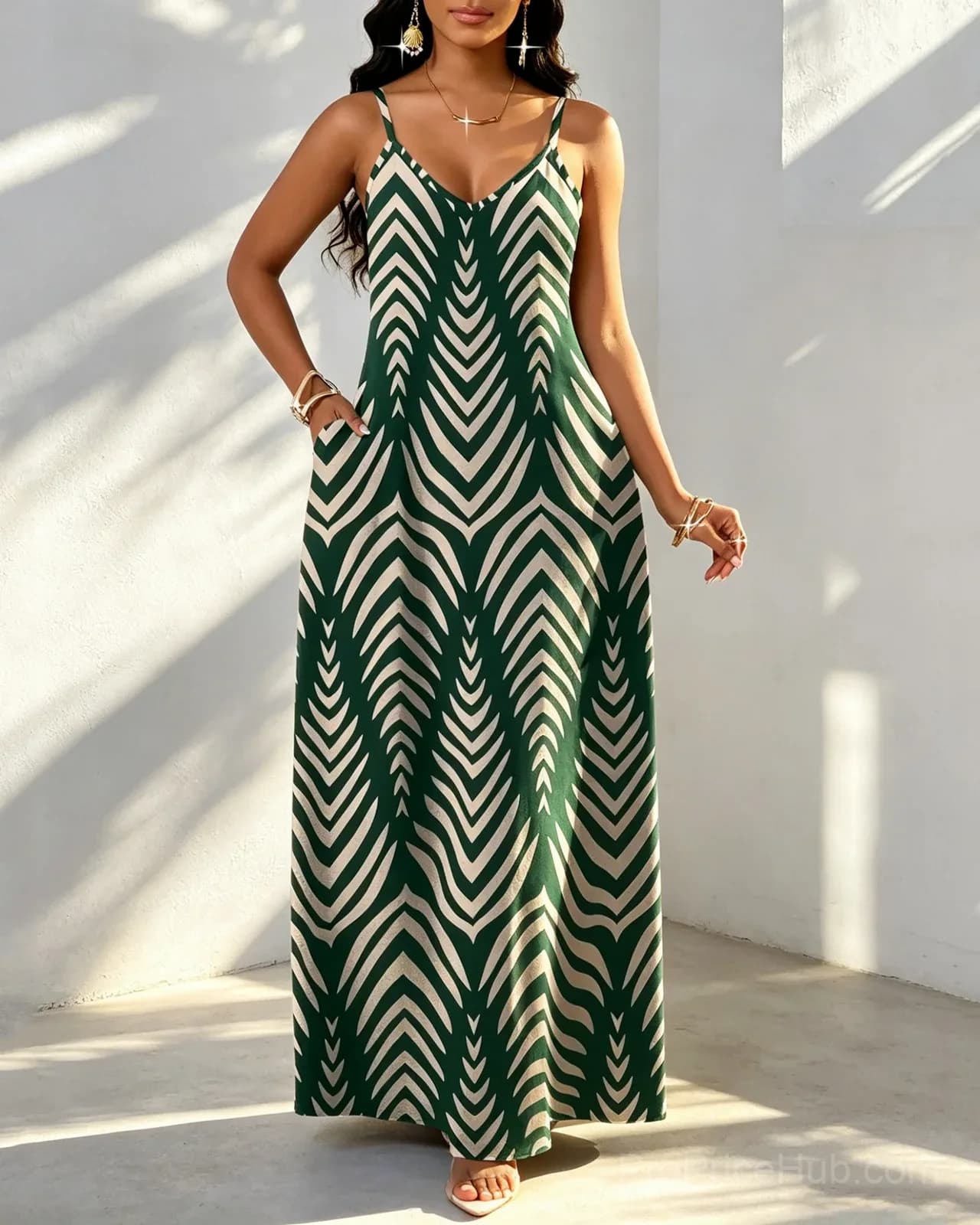Women's Bohemian Striped Pocket Maxi Dress - Main