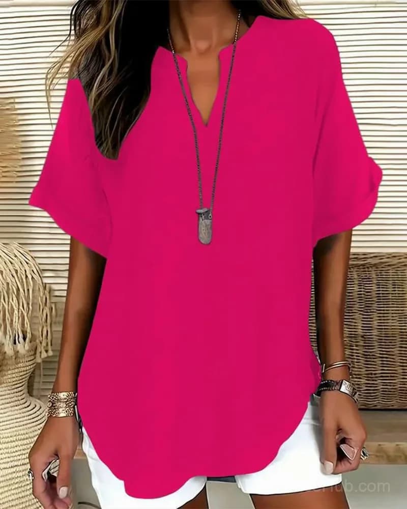 Women's Loose Solid Color Casual Blouse, Blue, US 4 (S) - View 7