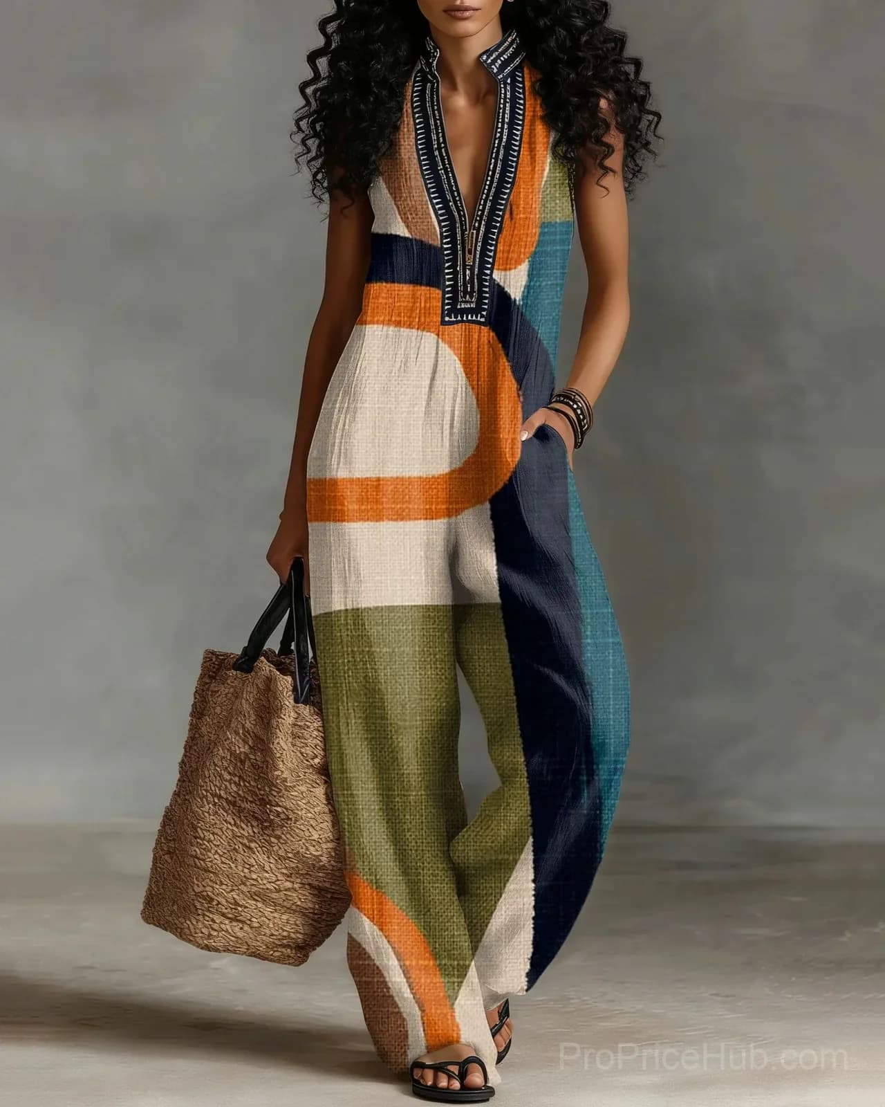 Color Block Linen Blend Sleeveless Jumpsuit with Zipper and Stand Collar - Main