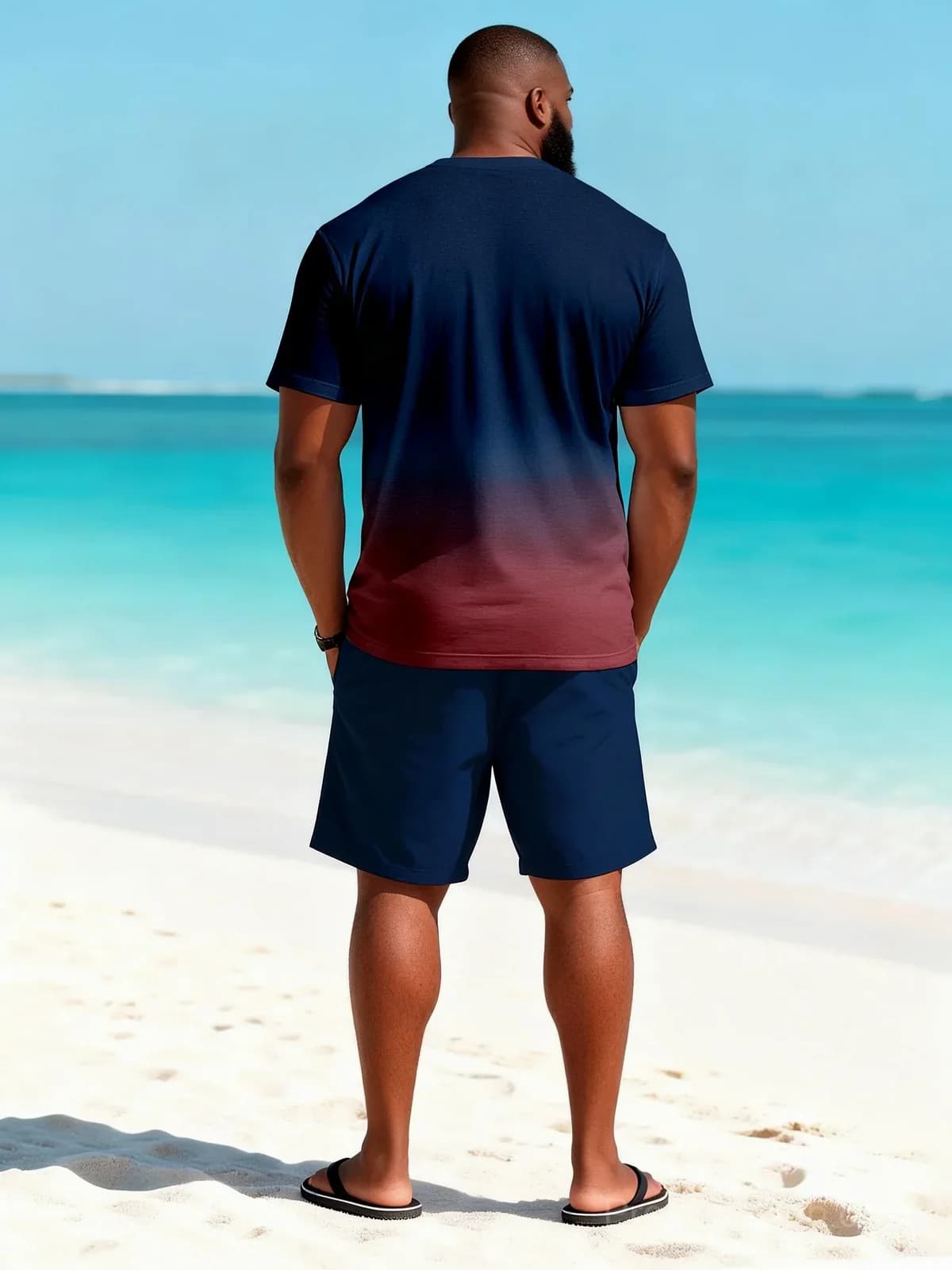 Big & Tall Men's Wine Red Gradient Coconut Print Tee & Shorts Set - View 5