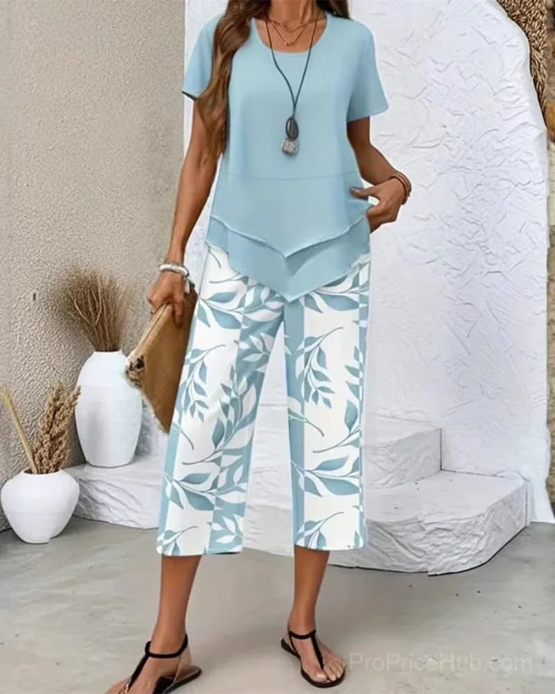 Printed Cropped Pants Casual Two-Piece Set, Green, US 4/S - View 3