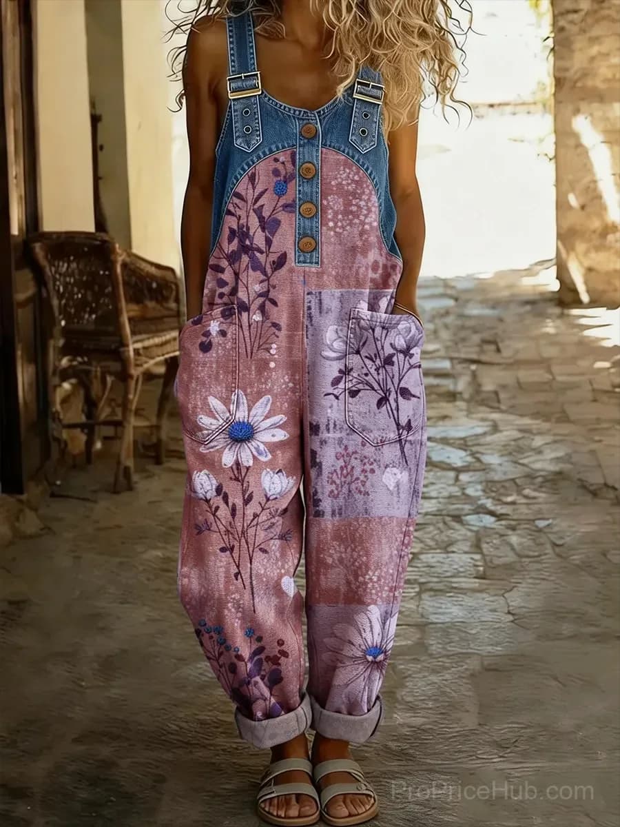 Women's Casual Washed Cotton Denim Patchwork Jumpsuit - View 5