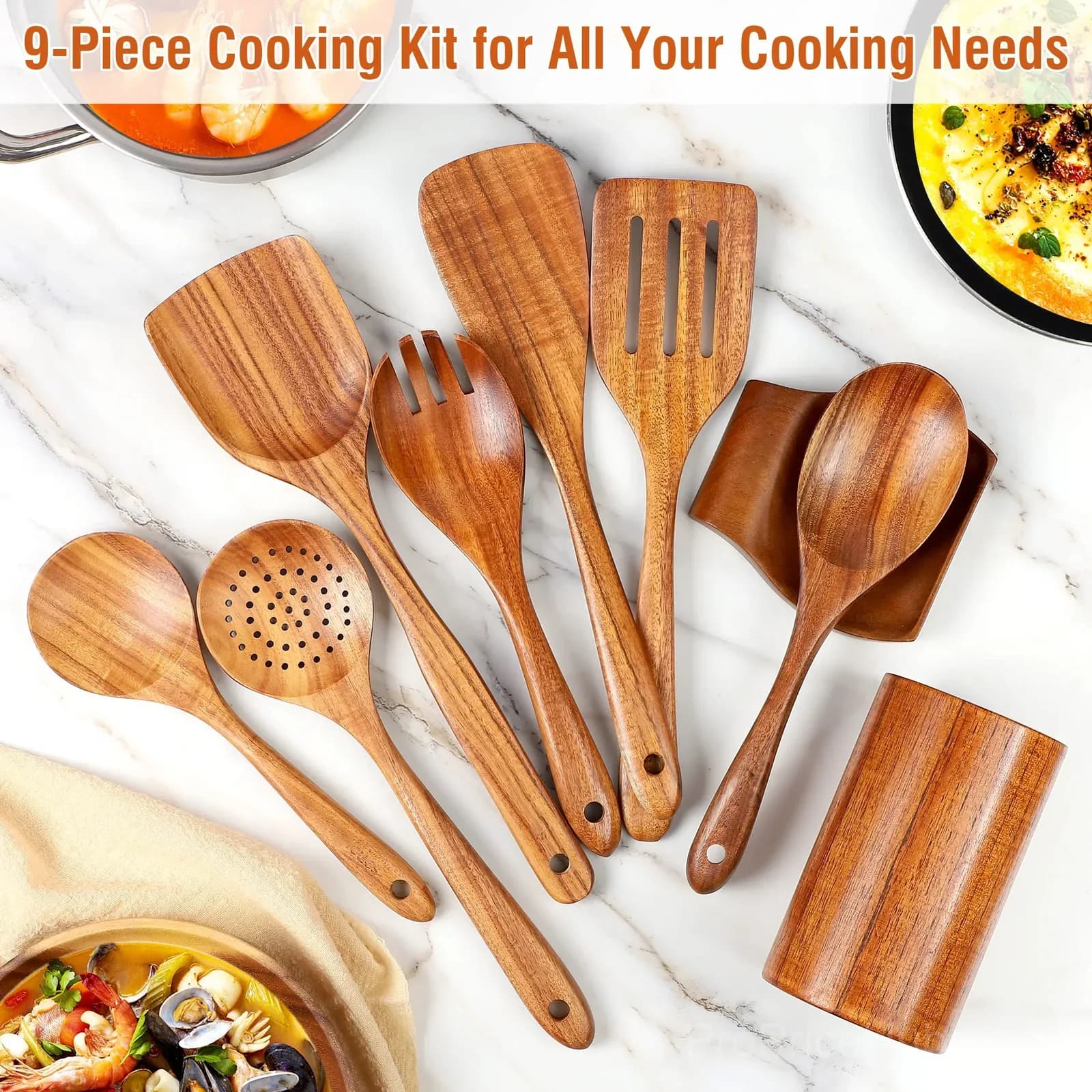 9-Piece Natural Teak Wooden Kitchen Utensil Set with Holder - View 6
