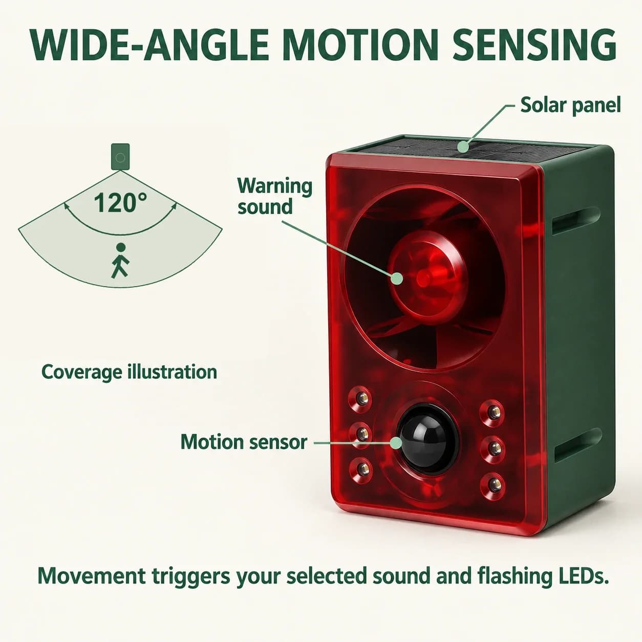 Illustration of the 120-degree motion sensing angle and the sound and light response