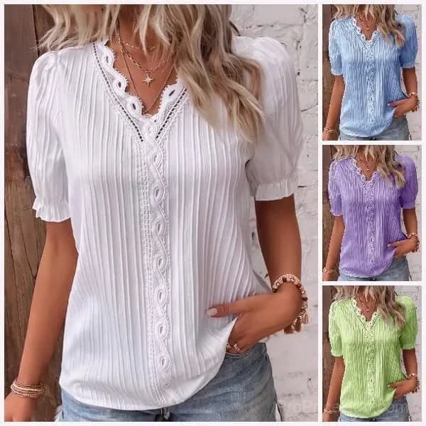 Elegant V-Neck Lace Blouse, White, Size S - View 2