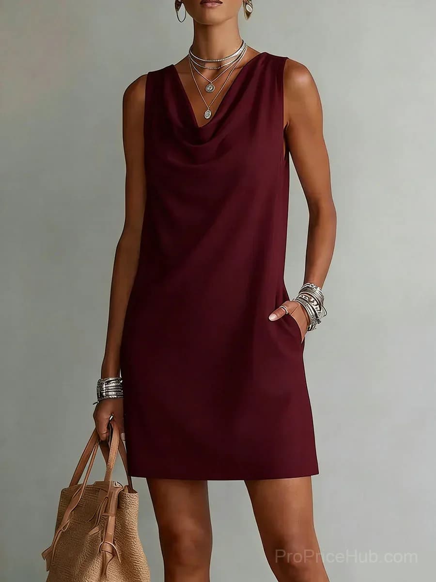 Sleeveless Cotton Dress with Draped Neckline - View 5
