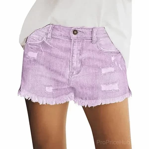Women's Mid Rise Stretch Denim Shorts, Ripped Raw Hem - View 6