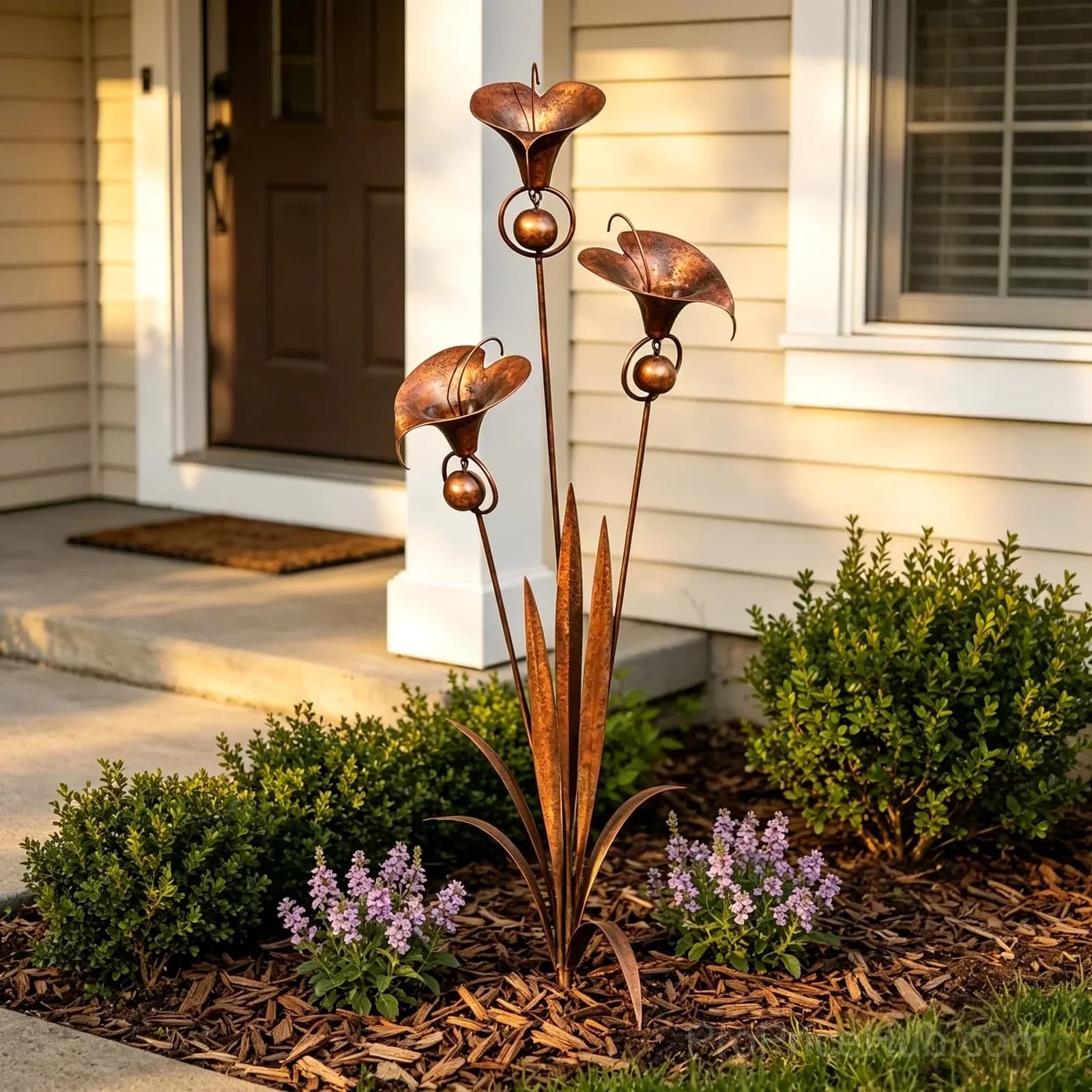 Flamed Copper Three Calla Lilies Garden Stake with Bells - View 14