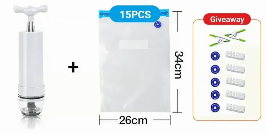 Kitchen Vacuum Storage Bag Set, Small, 15-Piece, Gray with Manual Pump - View 13