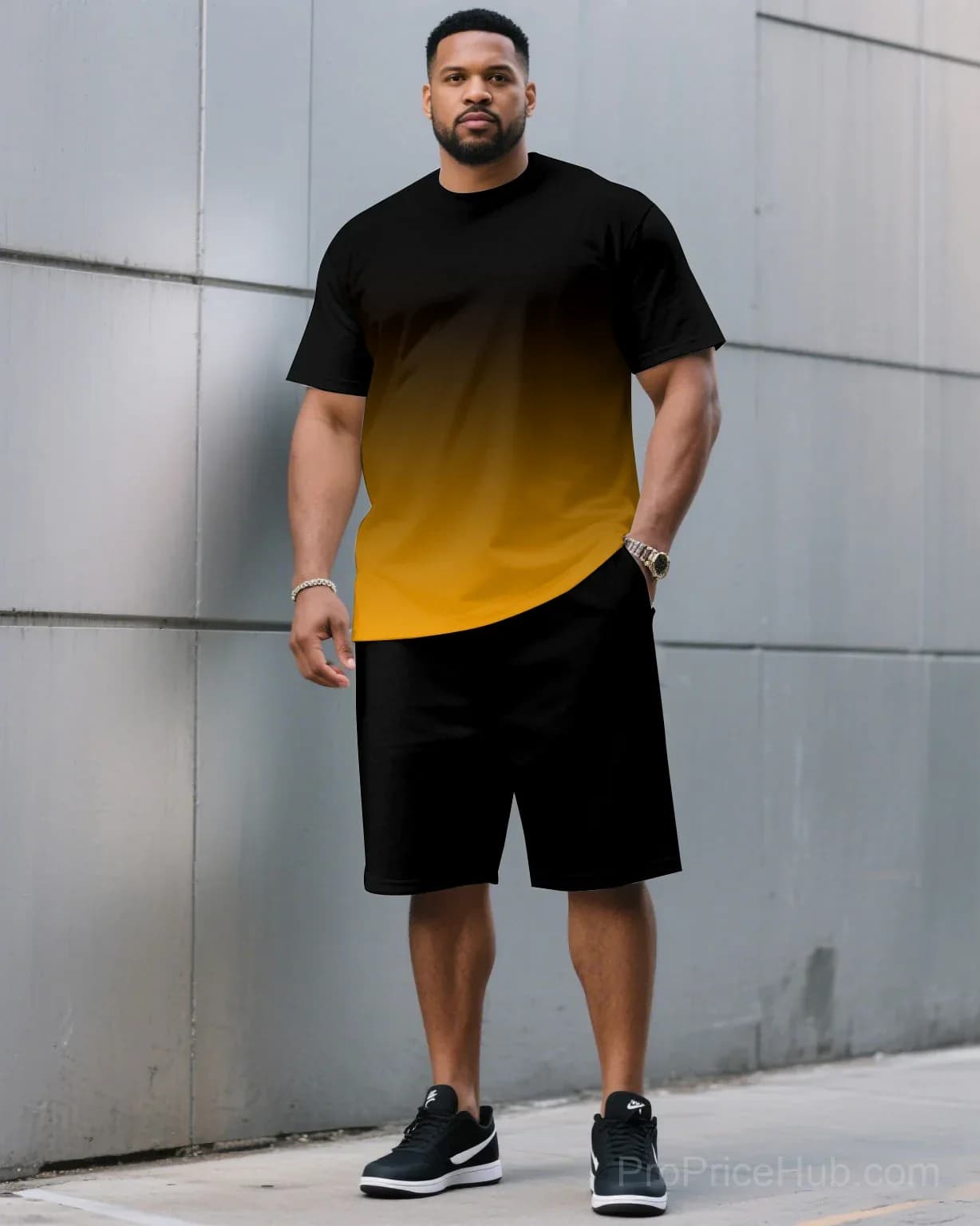 Men's Plus Size Black & Red Gradient T-Shirt and Shorts Set - View 11