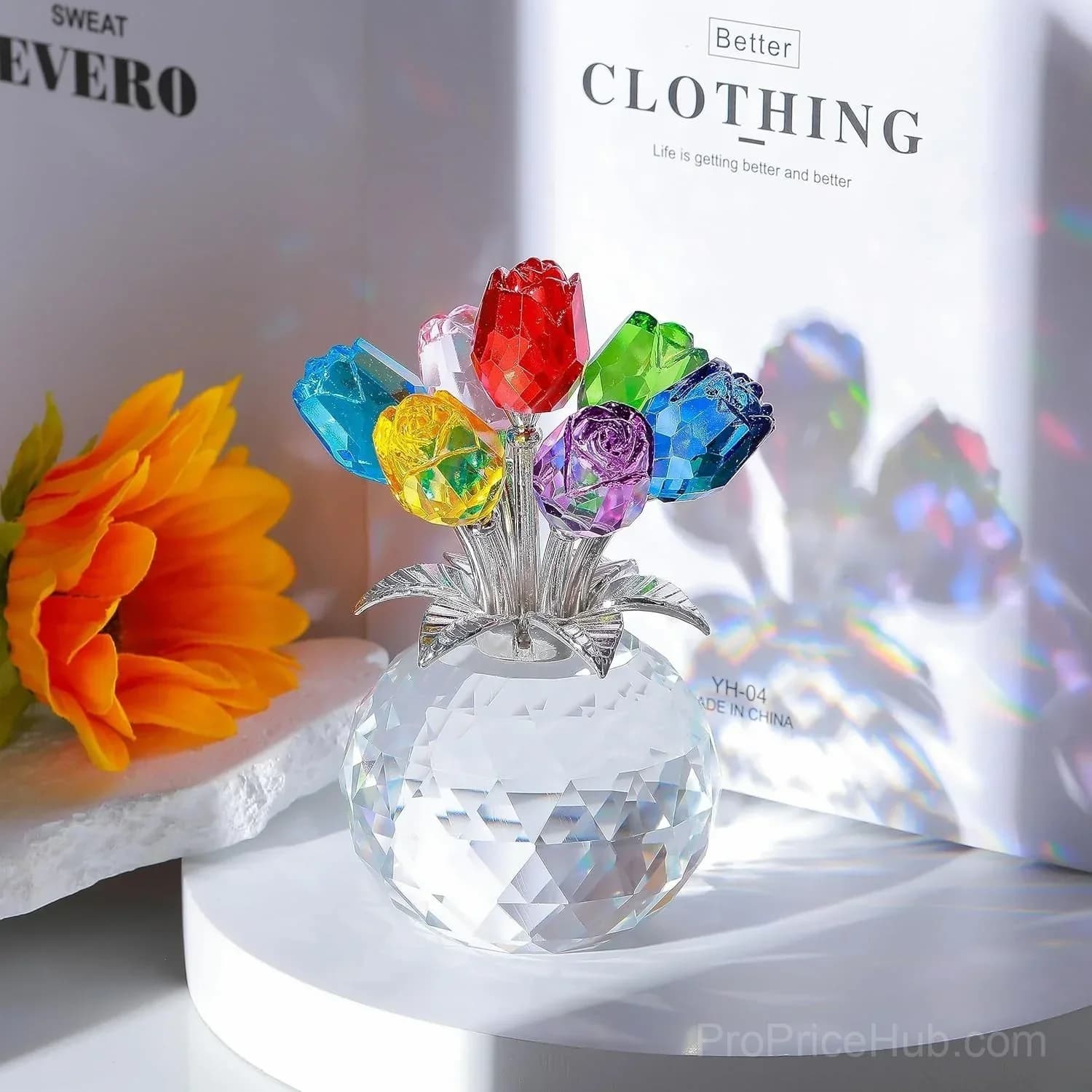 Crystal Colorful Rose Flower Figurine with Vase - View 3