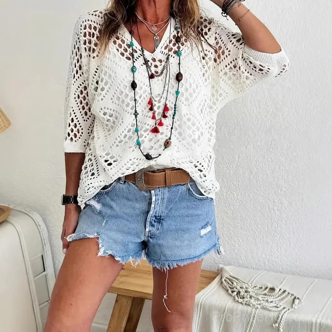 Women's Bohemian V-Neck Crochet Top, Khaki, Size S - View 4