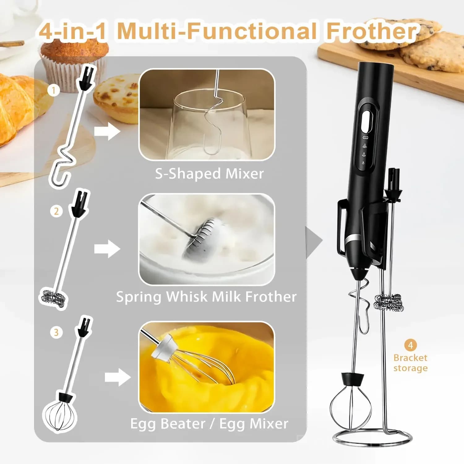 Rechargeable 3-Speed Handheld Milk Frother Wand for Drinks - View 6