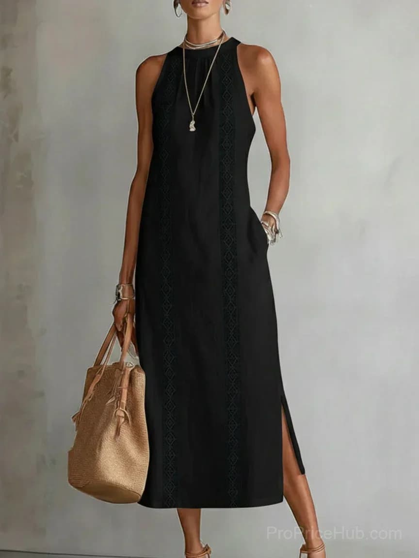 Retro Linen Lace Dress with Minimalist Design - View 9